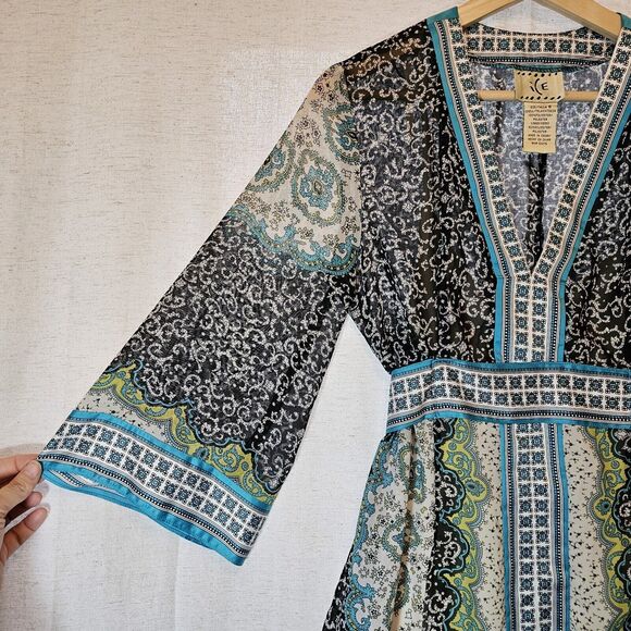 ICE Dress Turquoise Black Green Kimono Style Sash Built In Slip Size 6 - Picture 5 of 9